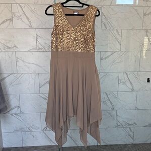 Venus Gold Sequin and tan Asymmetrical Dress